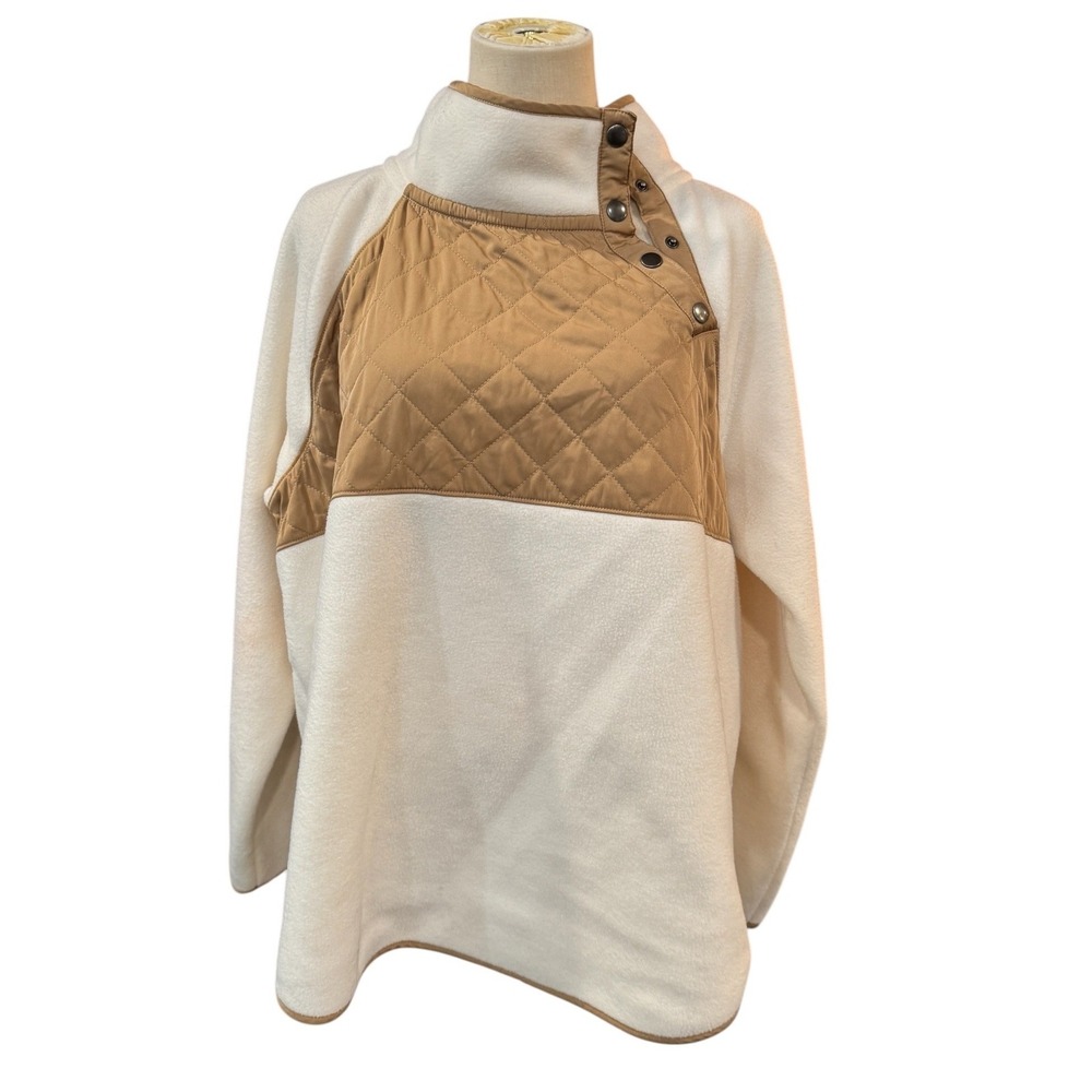 J.Crew Womens XL Fleece Pullover Quilted Snap Neck Asymmetrical Cream Tan
